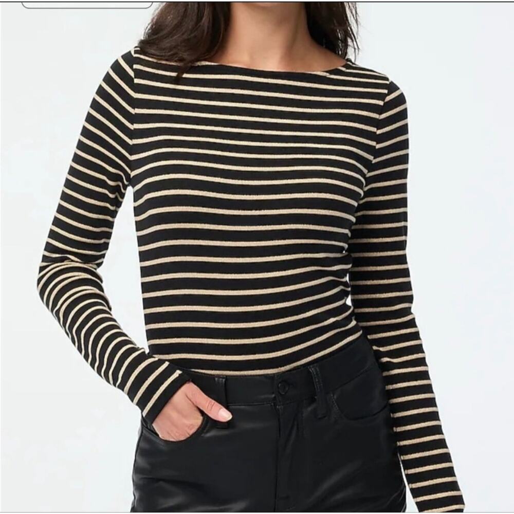 J Crew Striped Boatneck Tee Metallic‎ Black Gold Stripe Long Sleeve Top Medium